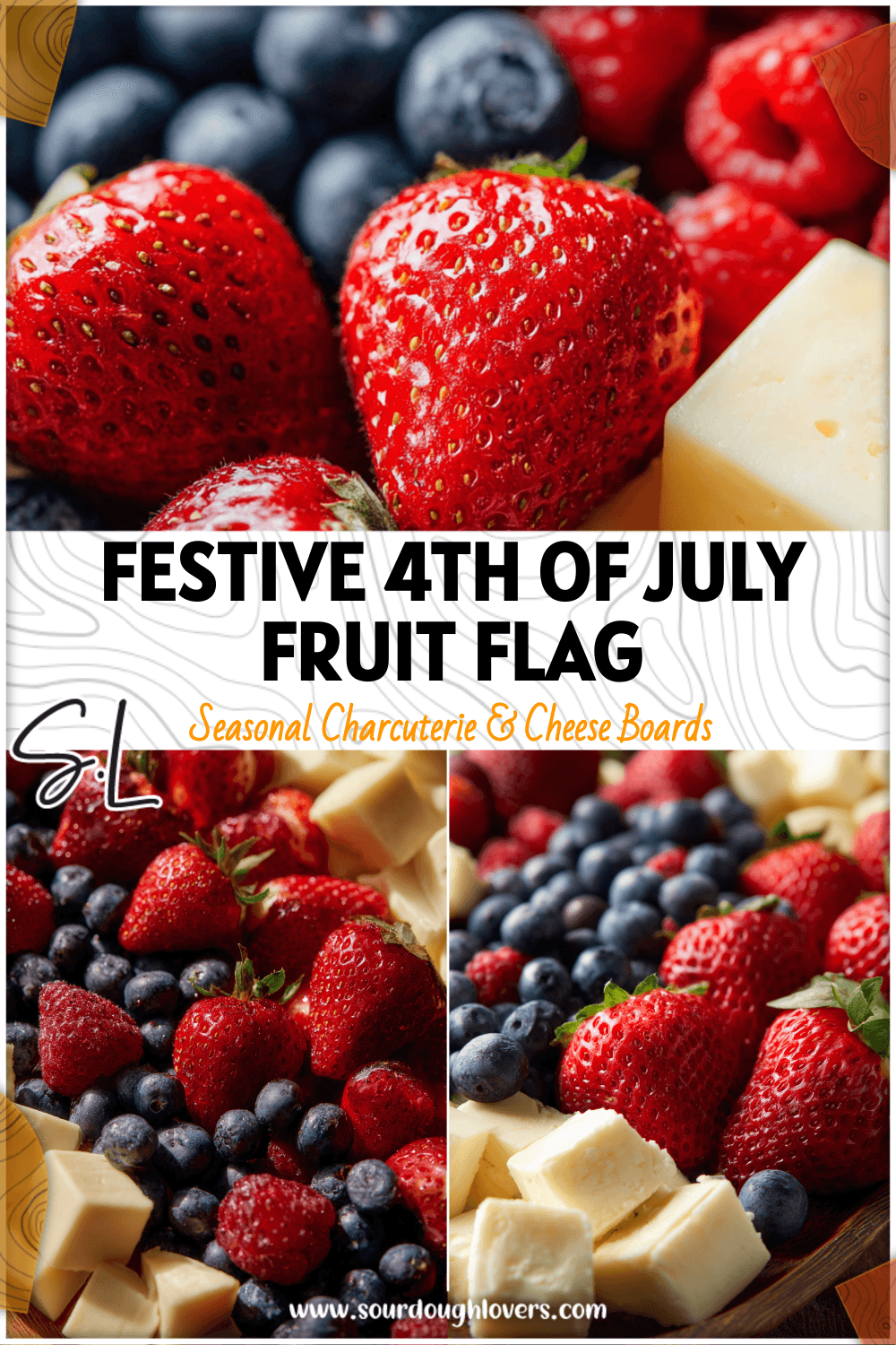 A 4th of July American Flag Fruit Platter arranged with strawberries, blueberries, and cheese on a serving board